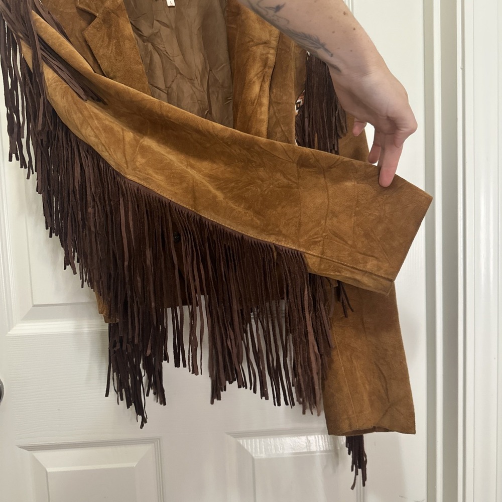 Western Fringe Leather Suede Jacket‎ Button Up Brown Aztec Design Sz Woman's L - Picture 10 of 15
